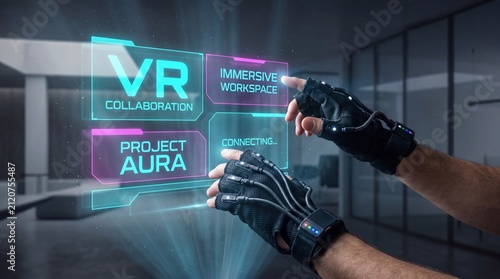 Futuristic haptic gloves interacting with holographic VR collaboration interface in innovation hub