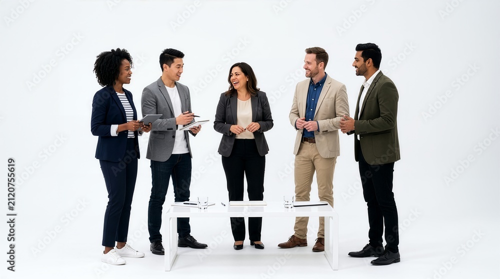 Obraz premium Diverse group of business professionals standing around a white table in a studio environment. Multi-ethnic team engaged in conversation, collaboration, and corporate networking.