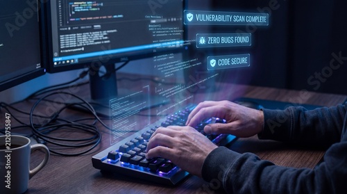 Programmer hands typing on keyboard with holographic vulnerability scan interface