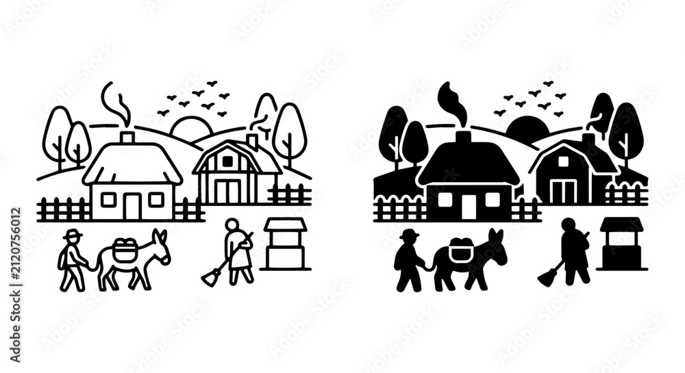 Obraz premium Rustic Village Scene, Rural Landscape Icons, Countryside Life Vector Set, Farmhouse Elements