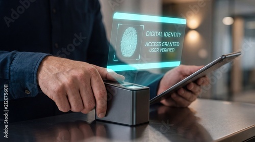 Hands using biometric fingerprint scanner for digital identity verification and access granted
