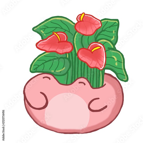 Cute Red Anthurium in Pink Hippo Pot — Whimsical Houseplant Illustration