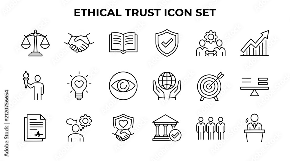 Fototapeta premium Ethical trust icon set. Corporate compliance and business integrity vector symbols.