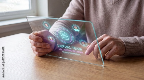 Hands interacting with transparent holographic screen for virtual team collaboration in home office