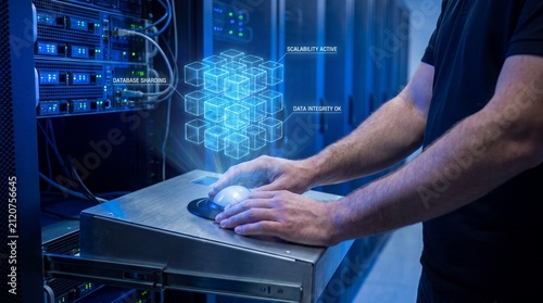 IT professional uses trackball to manage glowing database sharding hologram on server console