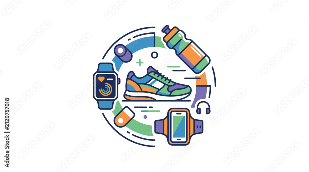 Fototapeta premium Flat linear vector illustration of fitness and workout lifestyle accessories.