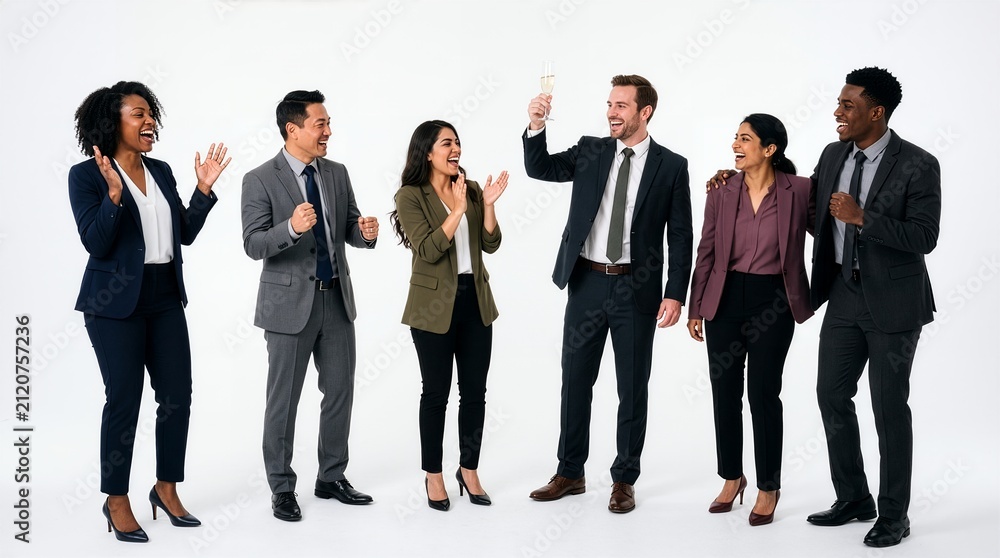 Obraz premium Diverse Business Team Celebrating Success with Champagne Toast on Plain White Background