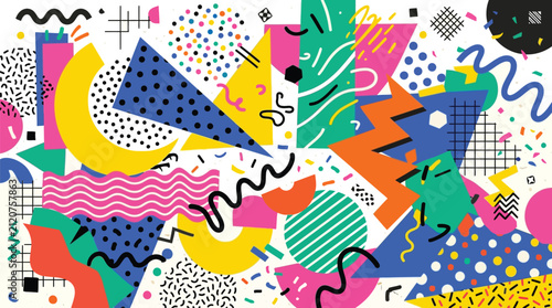 Geometric patterns featuring colorful shapes and retro motifs fill the entire visual field.