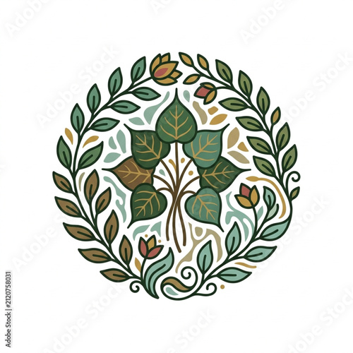 Circular Ornate Leaf and Acorn Wreath Design.