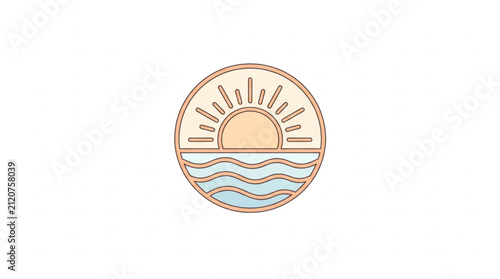 Circular Sunrise Over Ocean Waves Illustration.