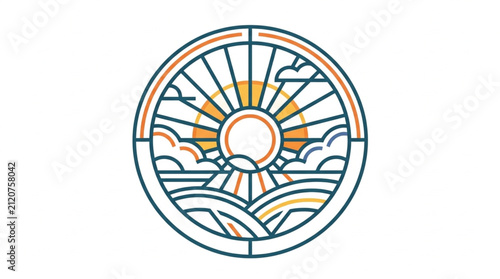 Circular Sunrise Design with Ocean Waves and Rays.