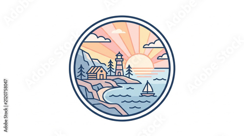 Coastal lighthouse and sailboat at sunrise illustration.
