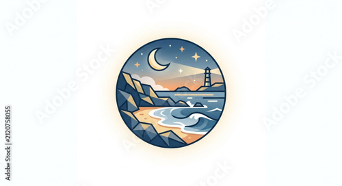 Coastal lighthouse under moonlit night sky illustration.