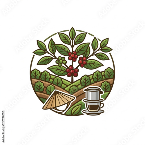 Coffee Plant and Traditional Brewing Equipment Illustration.