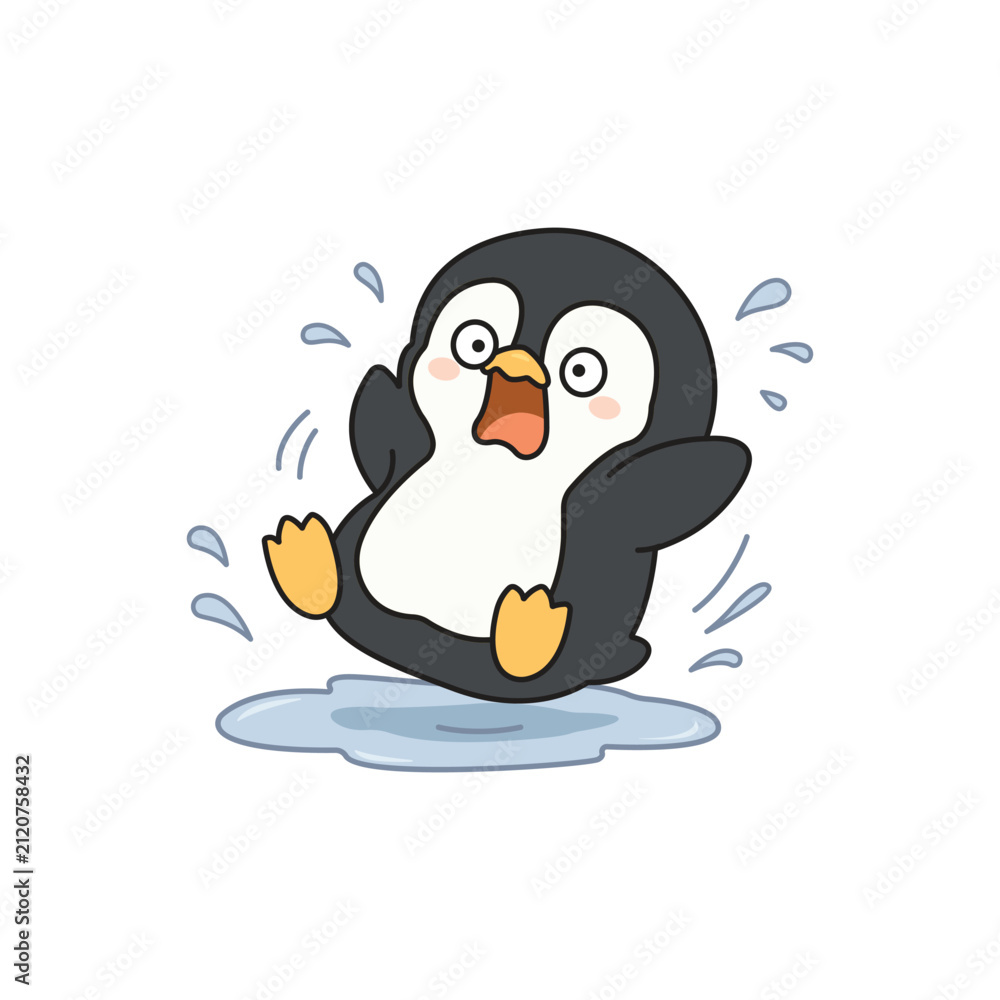 Fototapeta premium Cute penguin slipped on water floor cartoon vector illustration