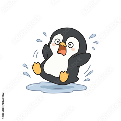 Cute penguin slipped on water floor cartoon vector illustration