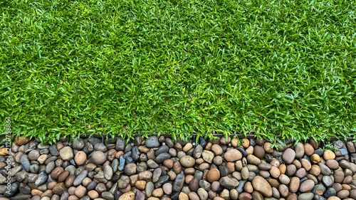 An overhead view of a green lawn and decorative river pebbles separated by a metal border. A natural backdrop with copy space for landscape design and landscaping.