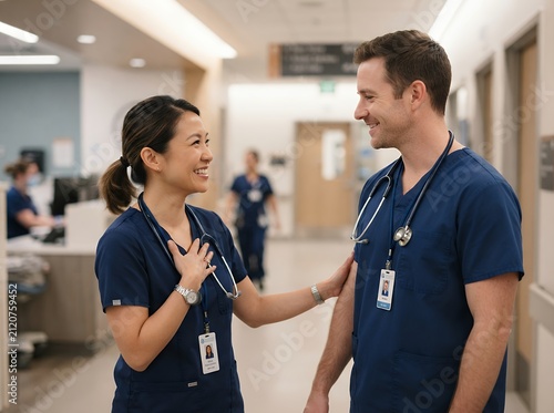 Two smiling nurses in blue scrubs talking in a hospital hallway.