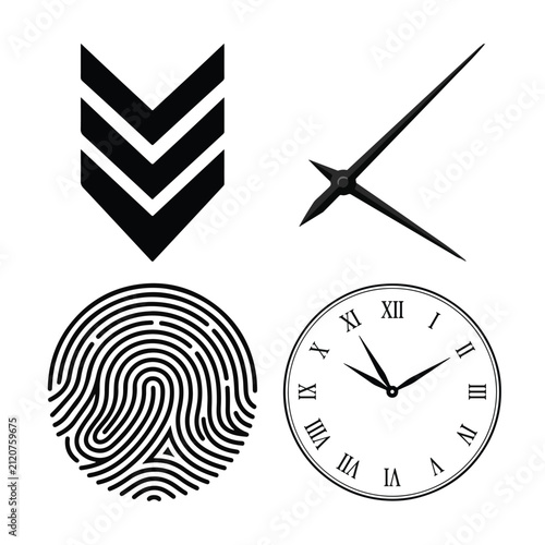 Set of four abstract black and white icons featuring chevron arrows clock hands fingerprint and roman numeral clock