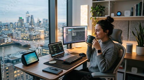 Female software developer working late at a modern desk with multiple screens and a city view