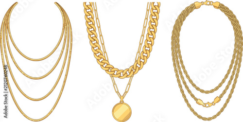 Cuadro en lienzo Luxury Gold Chain Necklace Vector Set Featuring Layered Choker Metallic Strands
