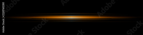 Golden lens flare light effect, glowing orange horizontal streak on black background, cinematic beam of light vector for movie posters and banners