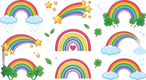 Obraz na płótnie Rainbow Vector Icon Set Featuring Various Designs with Clouds, Stars, Raindrops,