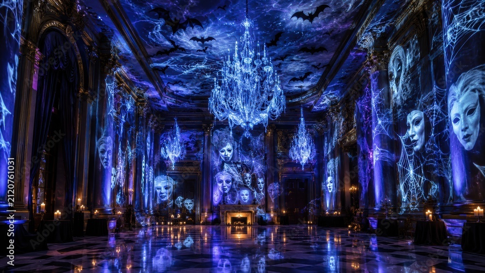 Fototapeta premium grand hall illuminated in blue light with floating masks, chandeliers, and eerie decorations, creating a mysterious and surreal atmosphere.