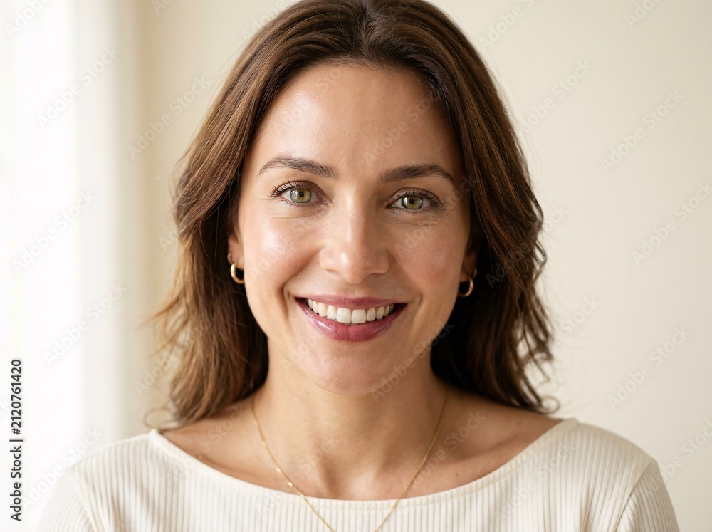 Fototapeta premium Portrait of attractive smiling brunette woman with natural makeup looking at camera
