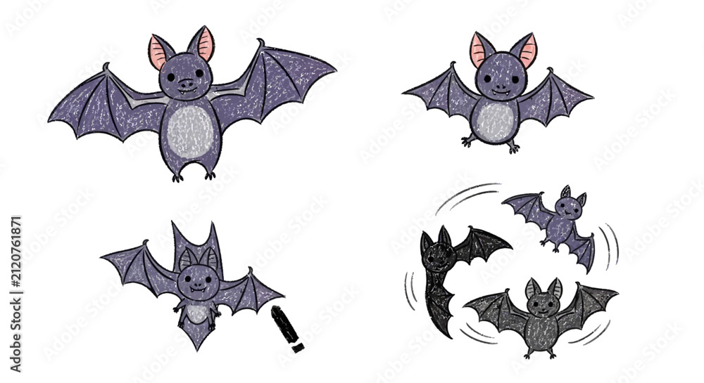 Fototapeta premium Hand drawn halloween bats set in crayon style
