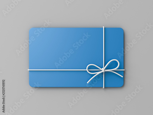Blank blue business gift card mock up with white rope bow isolated on gray background with shadow minimal conceptual 3D rendering