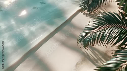 Summer hot vibe lifestyle. A vivid, topdown view of a tropical beach scene. The main subject is a pristine sandy beach with gentle waves crashing onto the shore. The water is a deep turquoise.