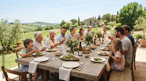 Multi generational family enjoying lunch together outdoors at a long table in the countryside.