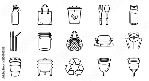 Eco-friendly reusable items icons set, zero waste lifestyle, sustainable living, line art design