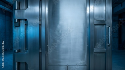 Heavy steel bank vault door closed in a dark secure facility