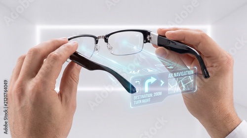 User hands hold smart glasses with holographic AR navigation interface