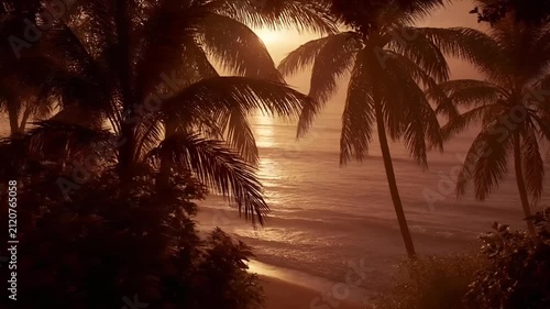 Summer hot vibe lifestyle. A vivid portrayal of a tropical beach at sunset. The sky is painted in warm hues of orange, yellow, and pink, with the sun casting a golden glow over the water.