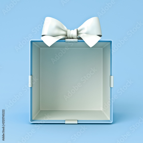Blank blue gift box mockup exhibition booth products display stand showcase or opened present box tied with white ribbon bow isolated on light blue pastel background creative idea concept 3D rendering