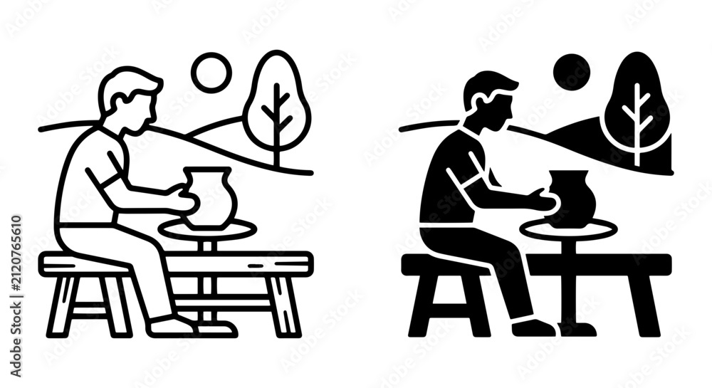 Fototapeta premium Pottery Making Icon Set, Ceramic Crafting Line Art and Silhouette, Artist at Wheel