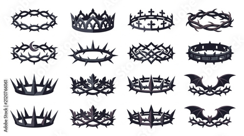 Foto Collection of ornate crown and thorn vector illustrations.
