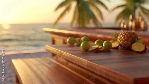 Summer hot vibe lifestyle. A still life photograph captures a serene beach scene at sunset. The main subject is a wooden table with a pineapple and several green limes placed on it.