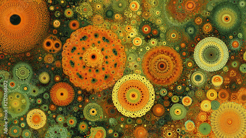 Abstract fractal background with circular patterns in warm orange and green tones