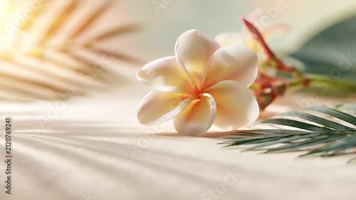 Summer hot vibe lifestyle. A closeup of a white frangipani flower with a gradient of pink and yellow petals. The flower is placed on a soft, textured surface, likely a tablecloth or tablecloth.