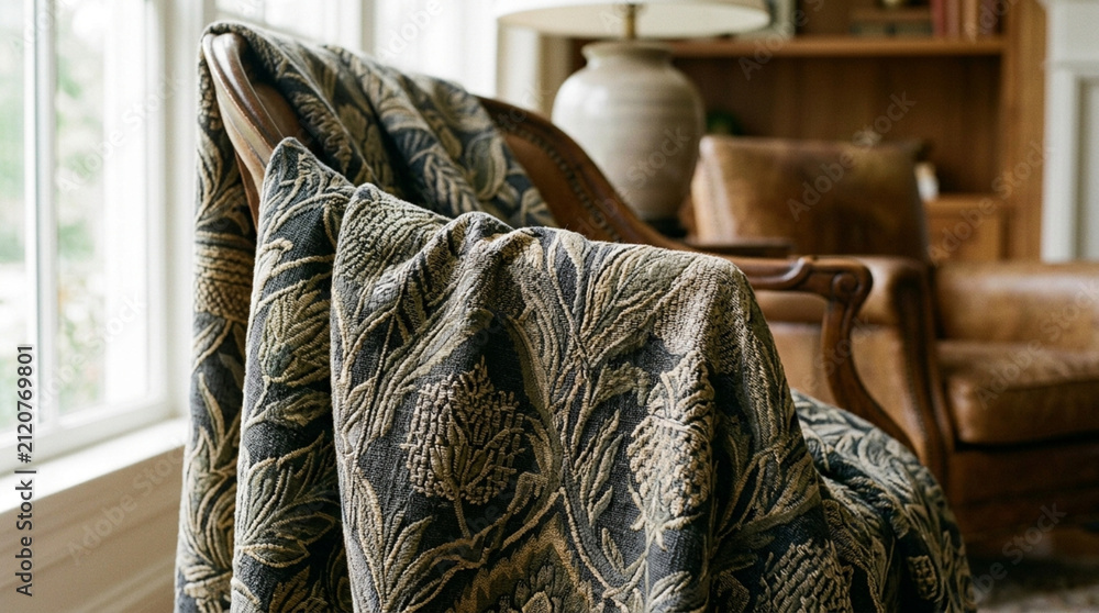 Obraz premium Cozy armchair draped with tapestry throw blanket, featuring botanical motif, in sunlit room