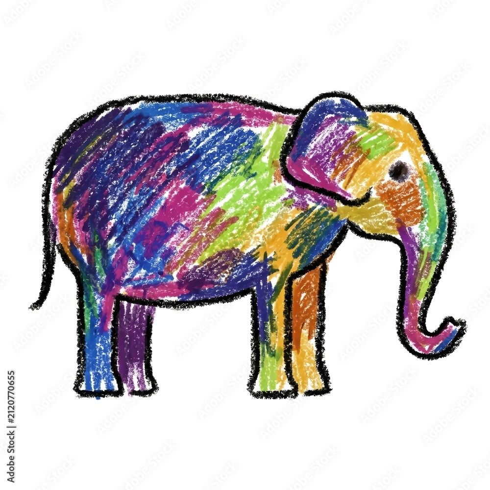 Obraz premium Colorful hand drawn crayon elephant art isolated on white background for kids creative design