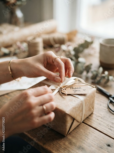 Hands wrapping a gift box with ribbon and tag on a wooden table.