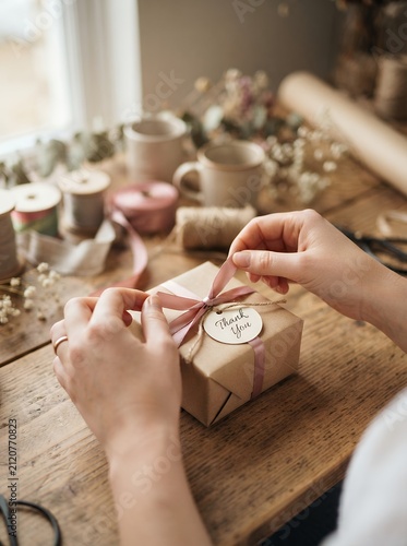 Hands tying a ribbon bow on a gift box with a tag.