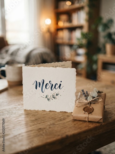 Merci card and gift on wooden table with blurred background.
