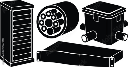 Silhouette vector set of network infrastructure equipment featuring a server rack, fiber optic cable, switch, and junction box.