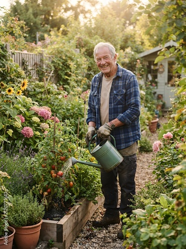 Smiling senior man watering plants in a lush garden during golden hour.